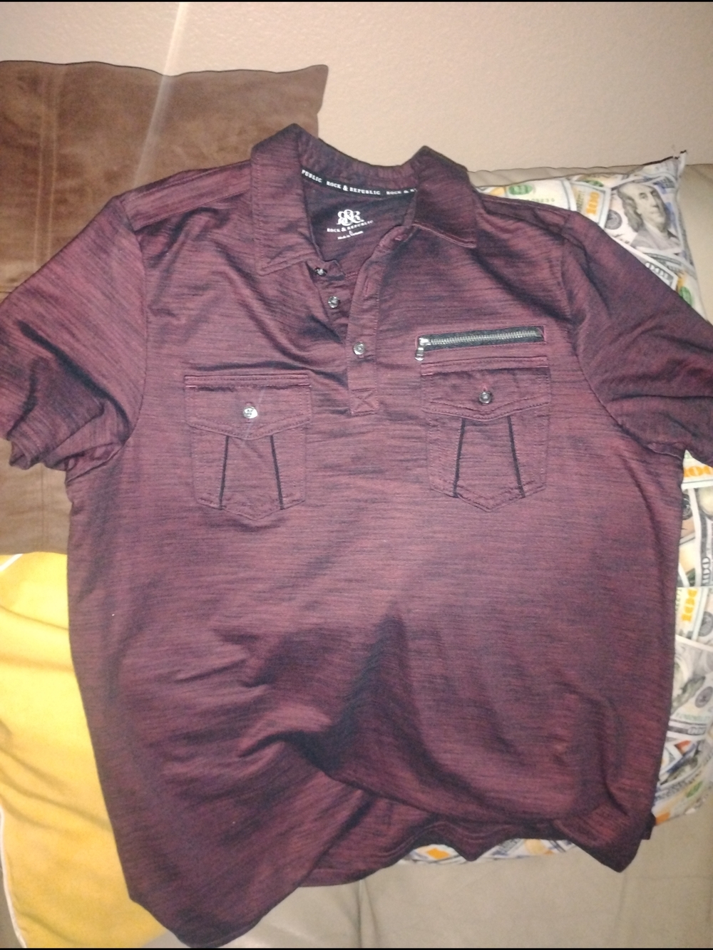 Rock & Republic Men's Burgundy Short-Sleeve Polo with Zip Chest Pocket